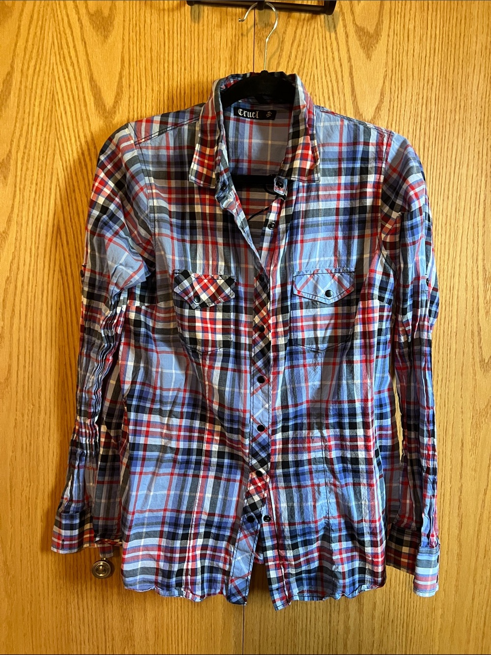 Cruel Blue and Red Plaid snap front ladies shirt, size XL